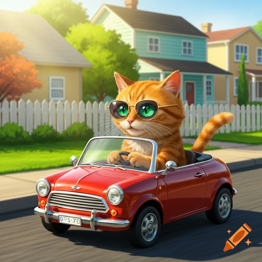 An orange tabby cat wearing sunglasses is driving a red mini convertible on a street.
