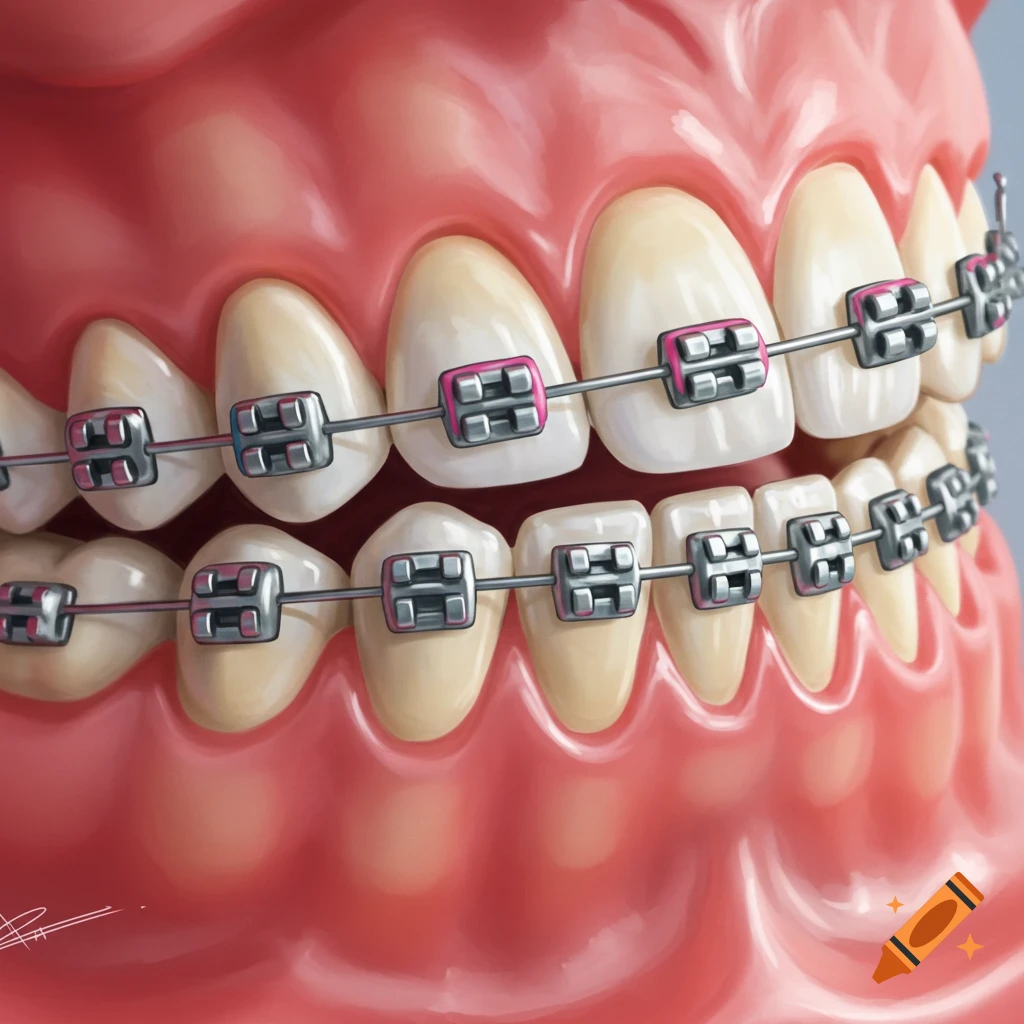 Close-up of human teeth with braces.