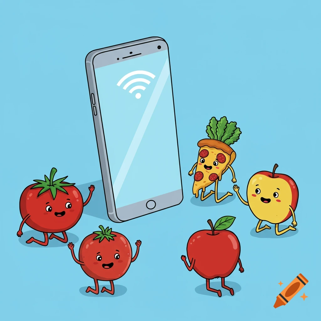 A cartoon illustration of anthropomorphic food characters kneeling before a smartphone with a wifi symbol.
