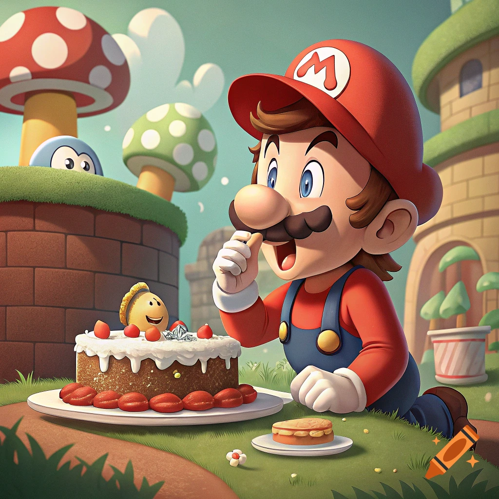 Cartoon Mario eating a cake in a colorful Super Mario world.
