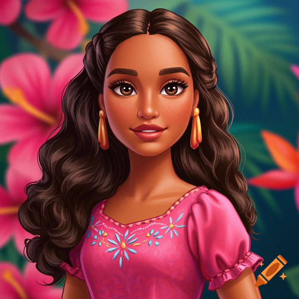 A doll-like figure with dark hair in a pink dress with embroidered flowers, against a tropical floral background.