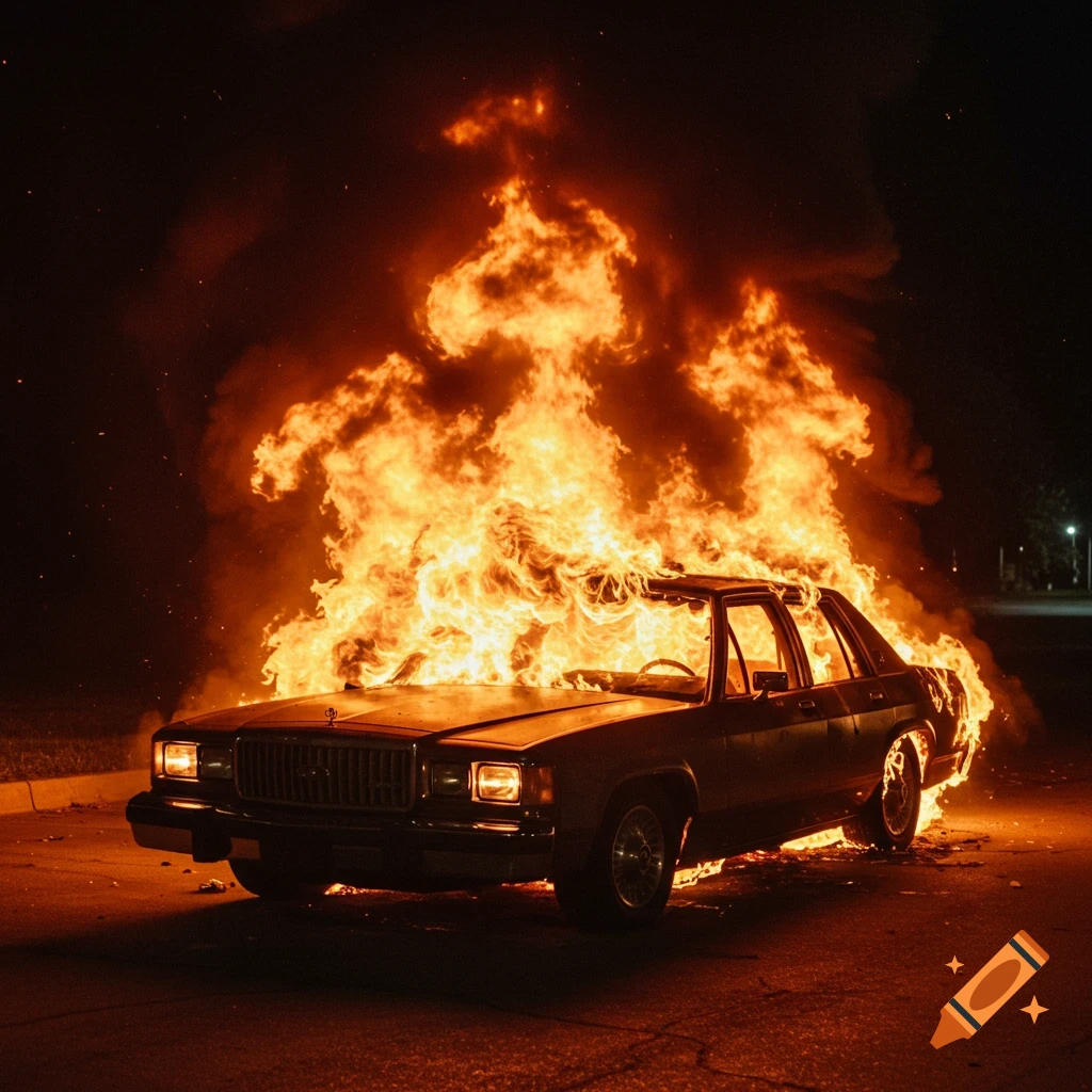 A dark sedan is engulfed in flames at night