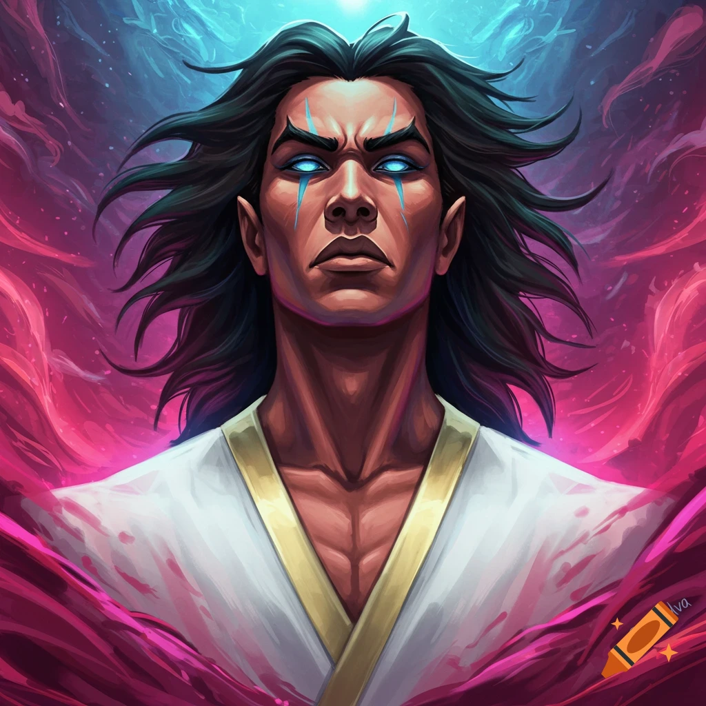 Character with glowing blue eyes and face markings, long hair, white robe, with pink and blue energy.
