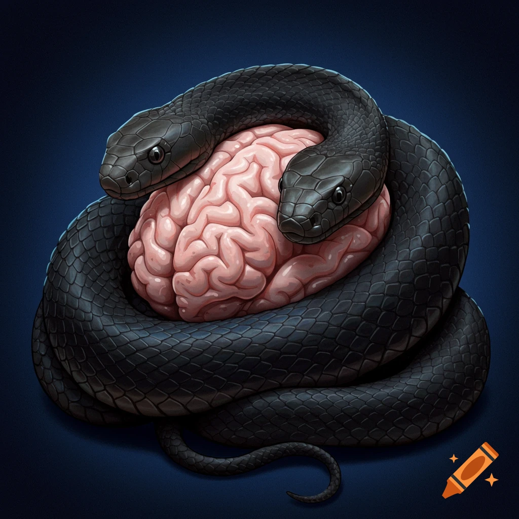 Two black mamba snakes are wrapped around a pink human brain.