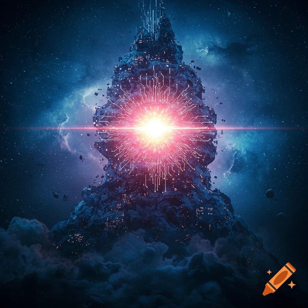 Sci-fi structure with circuit patterns glowing in space
