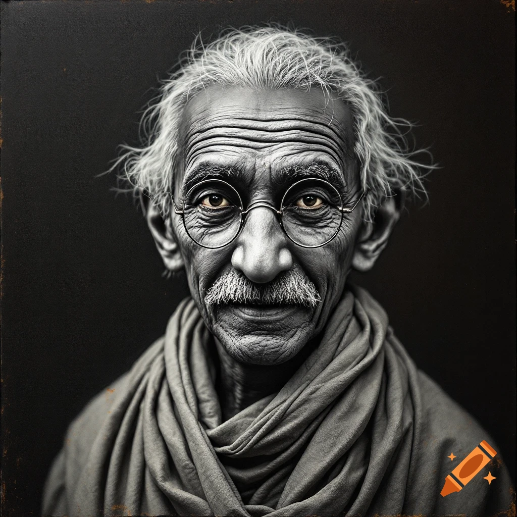 Black and white portrait of Gandhi