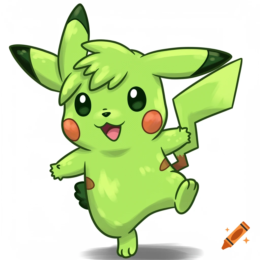 A bright green cartoon creature resembling Pikachu stands on one leg on a white background.