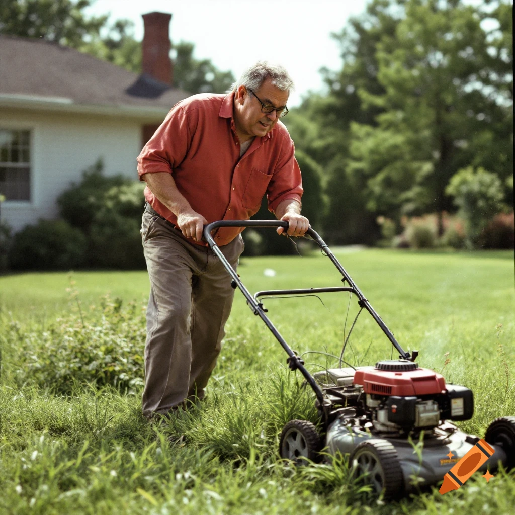 A man mowing grass in a yard, photorealistic.