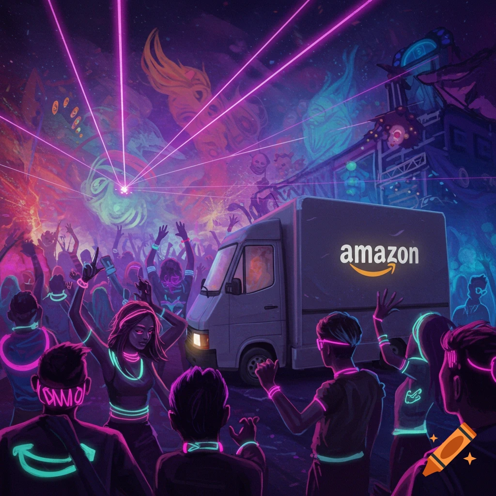 A rave party with an Amazon van in the background.