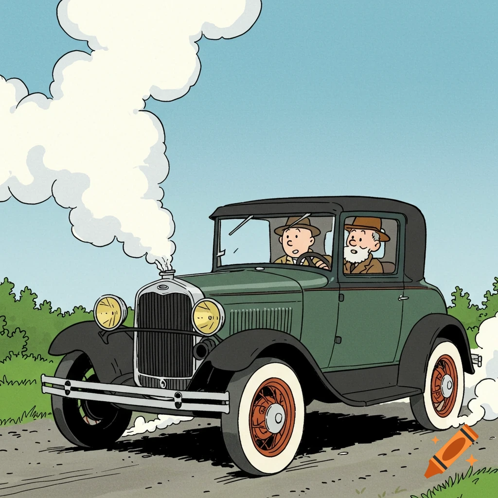 Cartoon in TinTin style shows a classic green car driving with steam from the radiator, two people inside.