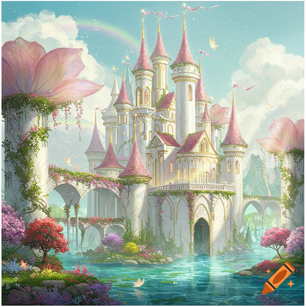 A whimsical, ultra-detailed fantasy castle by a lake, surrounded by flowers, butterflies, and a rainbow, in an ethereal style.