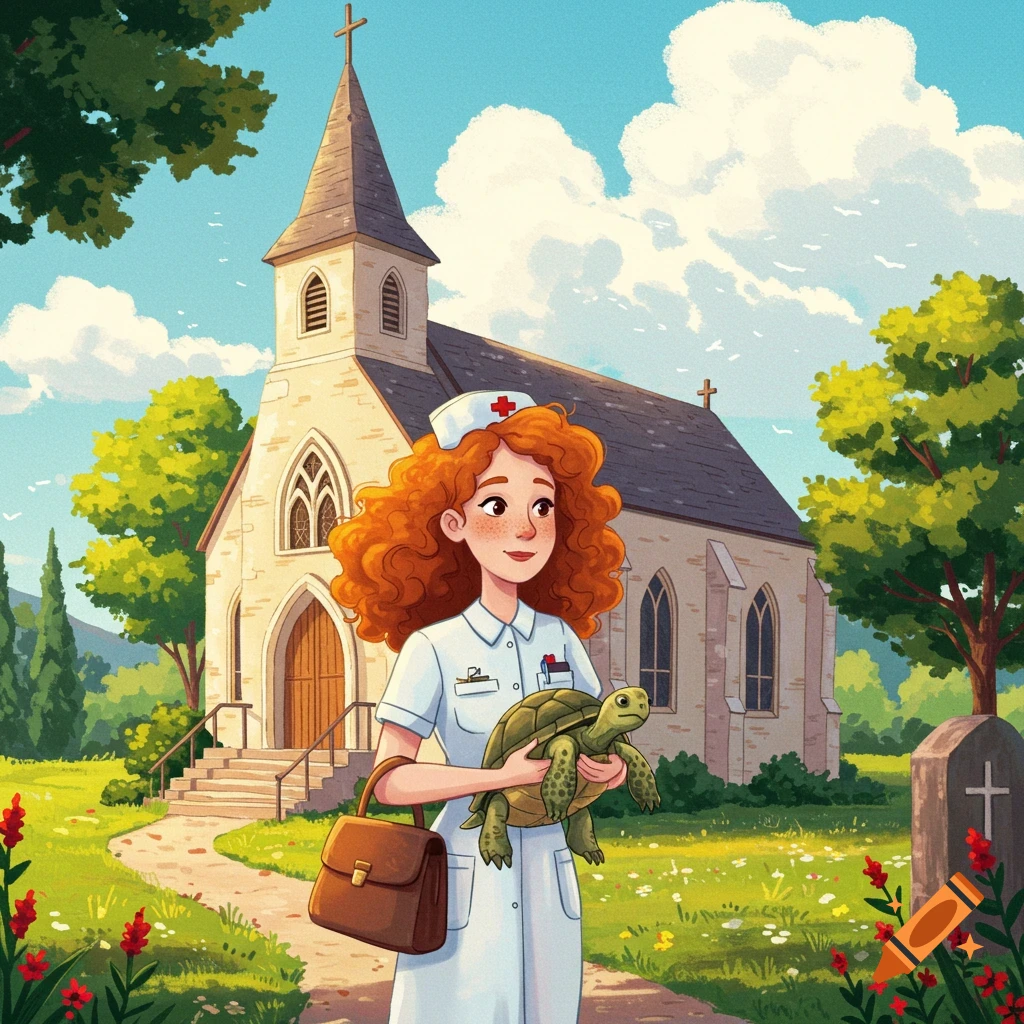 A nurse is holding a turtle in front of a church.