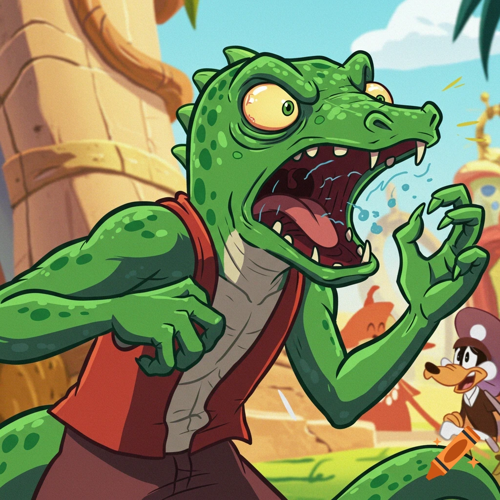 Cartoon green lizard creature coughing