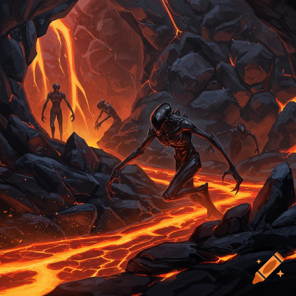 Dark, skeletal aliens moving through a volcanic cave over glowing lava.