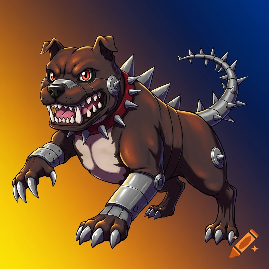 Cartoon cyborg pitbull with metal teeth, claws, and spiked tail and collar.