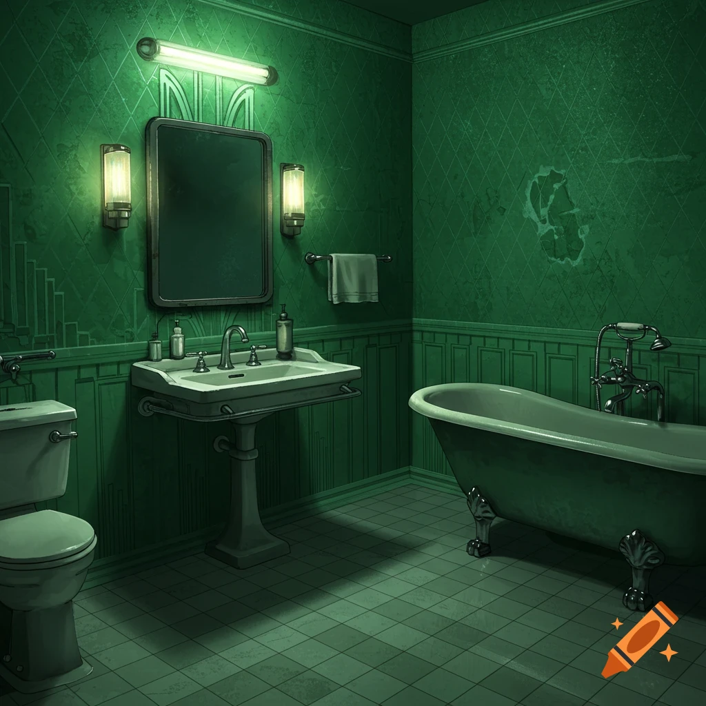 An art deco bathroom with green walls, toilet, sink, and bathtub.