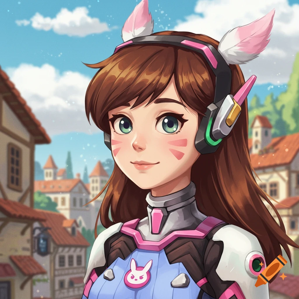 An anime portrait of a woman in a futuristic suit with cat ears in a fantasy town.