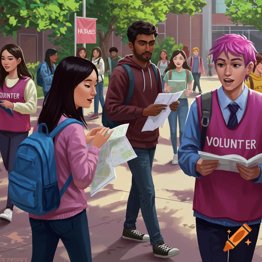 Students and volunteers on a campus, looking at maps and papers.