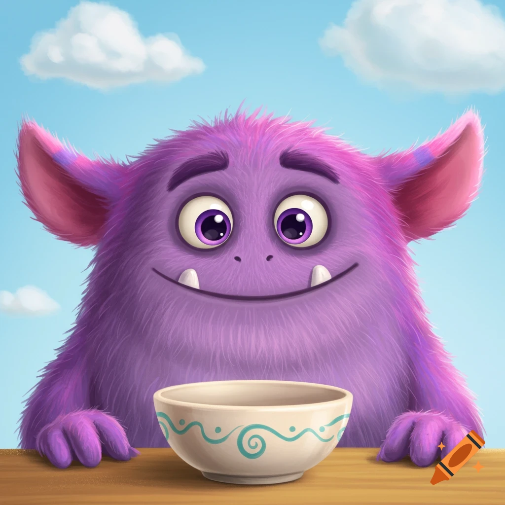 A purple monster looks expectantly at an empty bowl.
