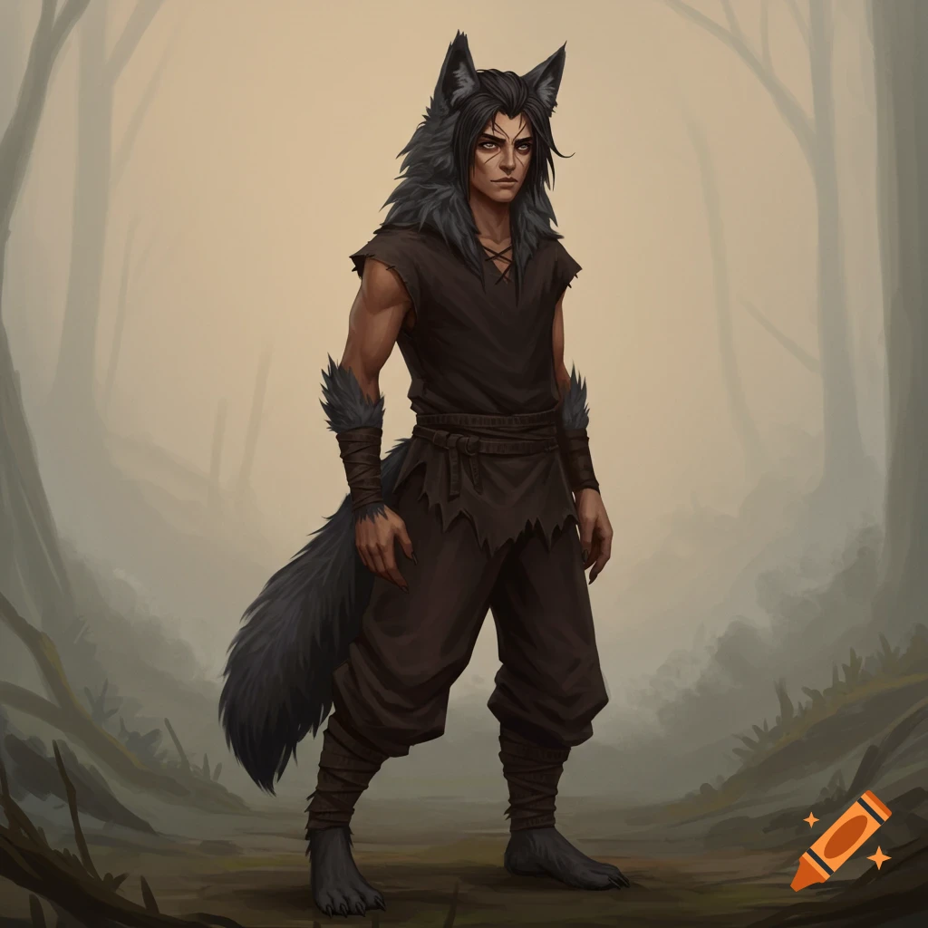 A humanoid with wolf ears and tail stands in a misty forest.