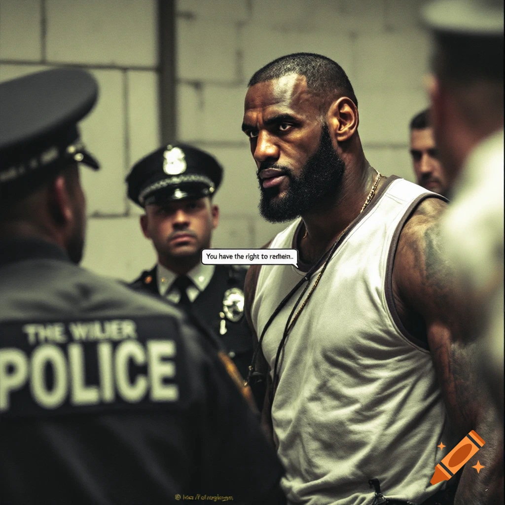 Photorealistic image of Lebron James confronting police officers in an indoor setting.