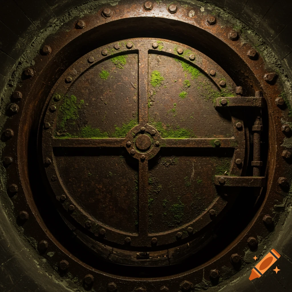 A close-up of a rusty, circular metal door with bolts and moss, set in a dark wall.