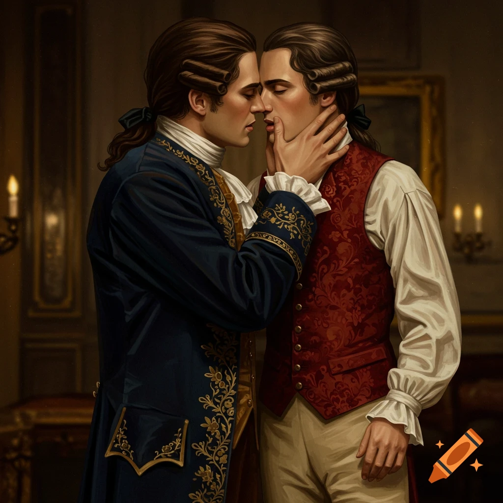 Two men in 1700s clothing embrace and kiss in a dimly lit room.