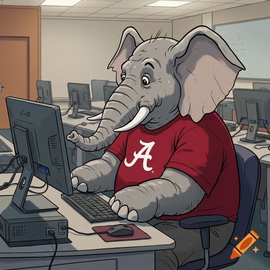 A cartoon elephant wearing a University of Alabama shirt sits at a computer in a classroom.