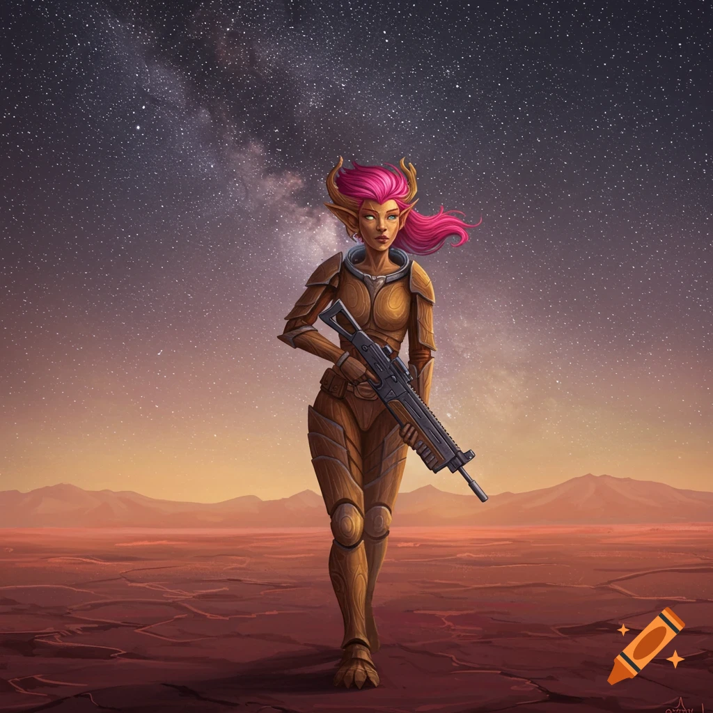 Female elf in space armor with pink hair holds a rifle on a desolate planet under a starry sky.