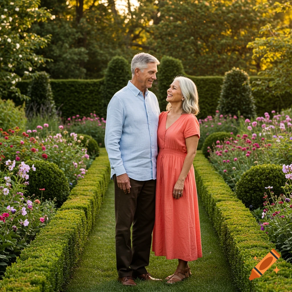A mature couple stands facing each other and smiling in a sunny, lush garden.