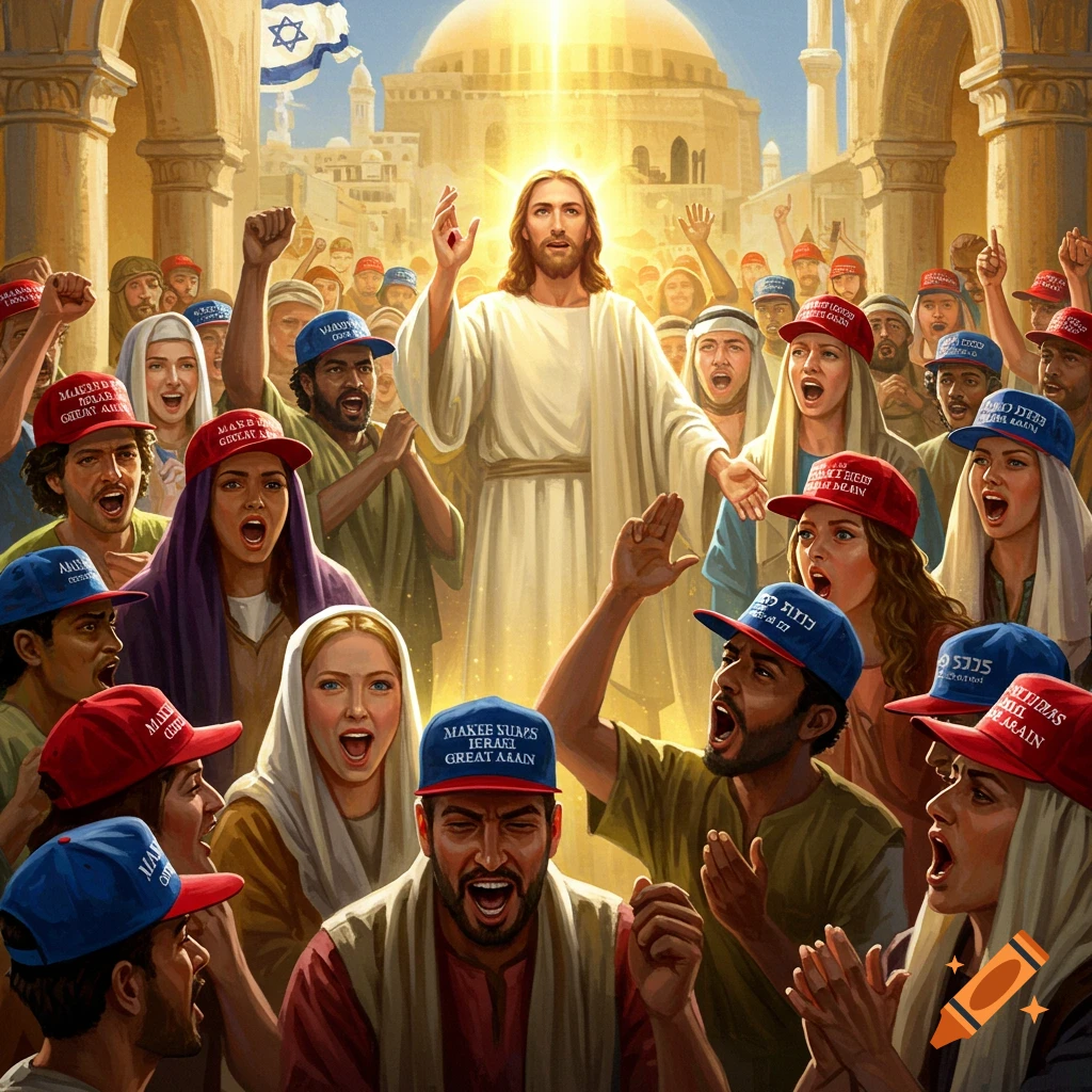 Jesus surrounded by a cheering crowd wearing red and blue baseball caps with text, in front of a building with a dome and Israeli flag.