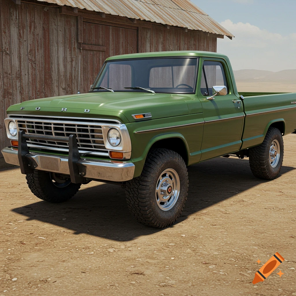 A photorealistic image of a green 1969 Ford F250 Highboy pickup truck parked on a dirt road in front of a barn.