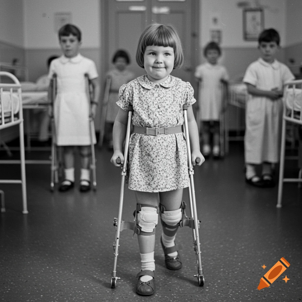 Vintage black and white portrait of a young girl using crutches and braces in a hospital ward.