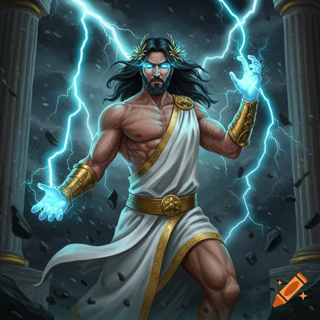 A Greek god with glowing hands and lightning bolts