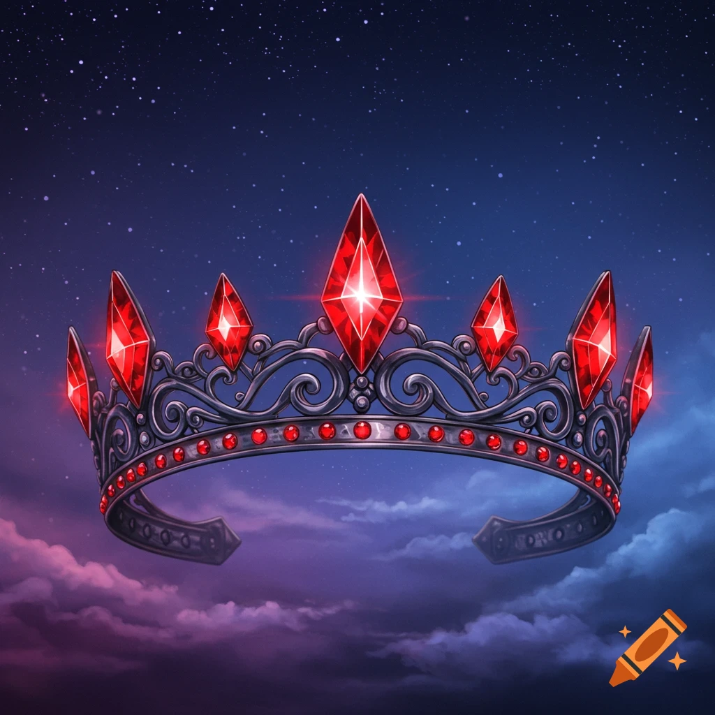 A dark crown with sparkling red jewels floating against a starry, cloudy night sky.