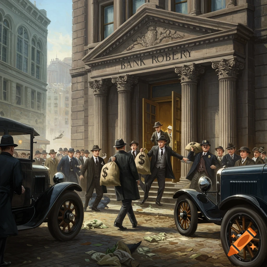 A historical bank robbery scene with men carrying money sacks from a bank building.