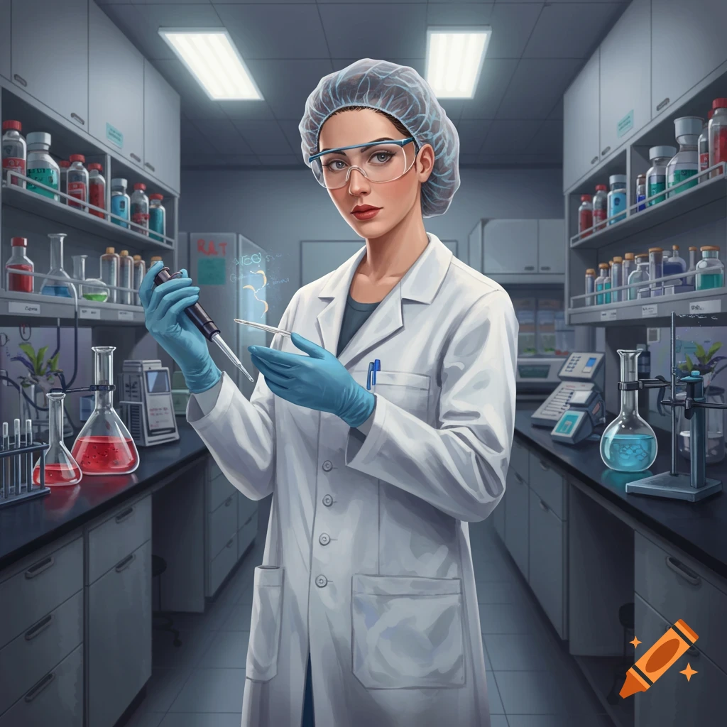 A scientist in a lab coat and safety glasses holding a pipette in a laboratory.