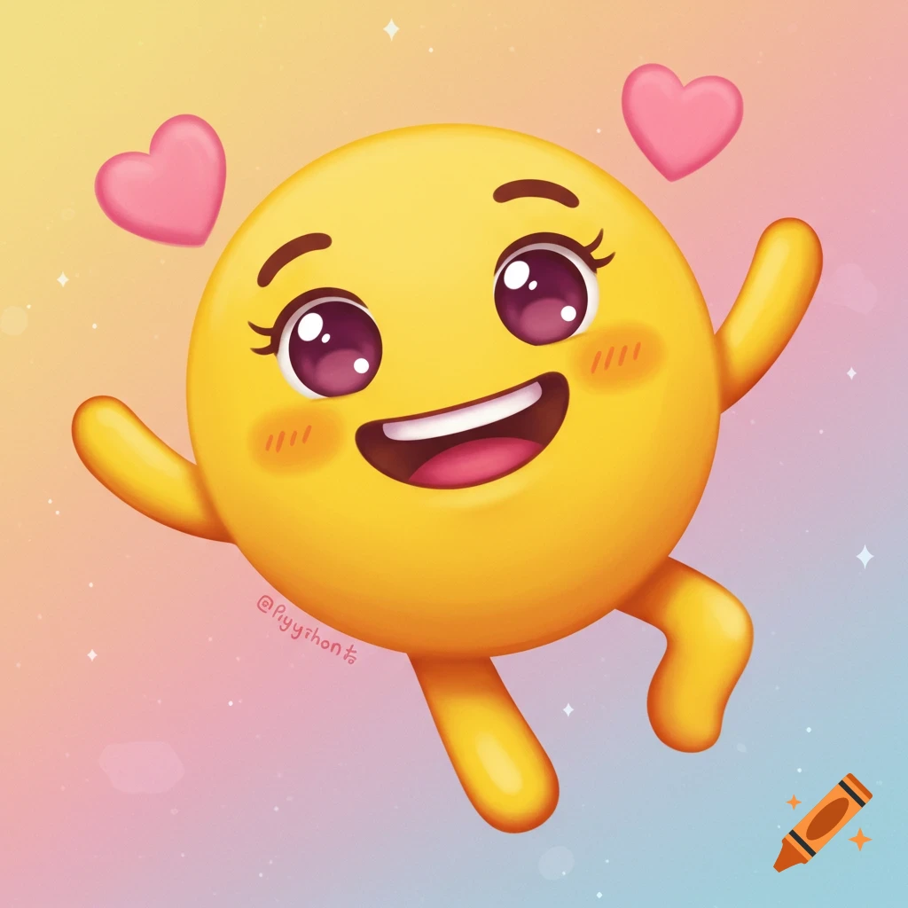 A cute yellow emoji character with pink hearts floating above its head, smiling happily. Digital art.