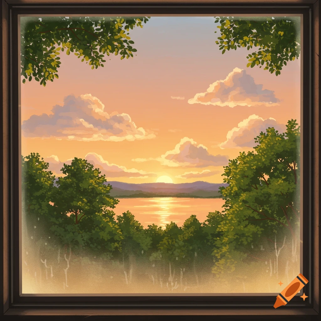 A sunset over a lake and mountains viewed through a window frame.