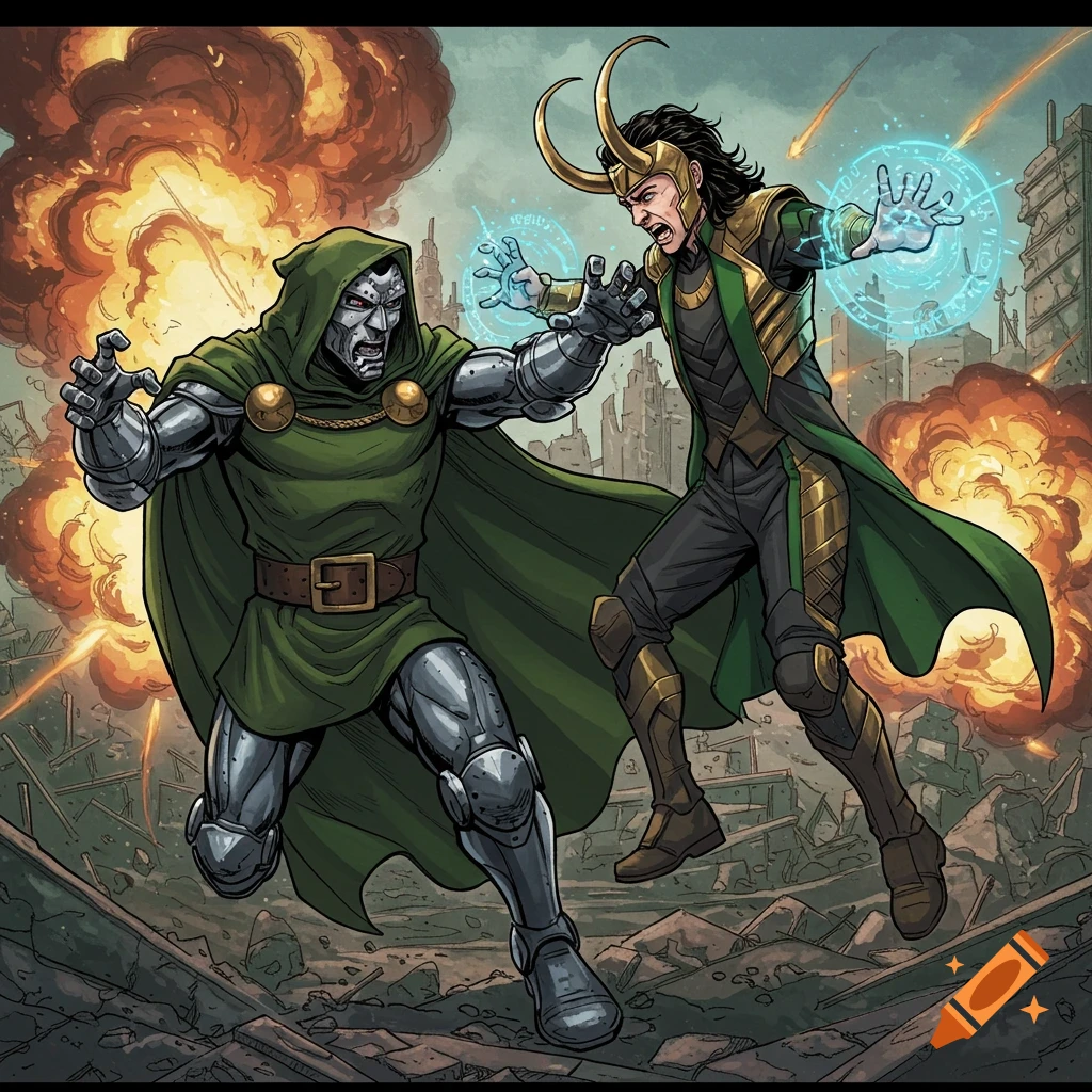 Doctor Doom and Loki battle in a destroyed city amid explosions in a comic book art style.