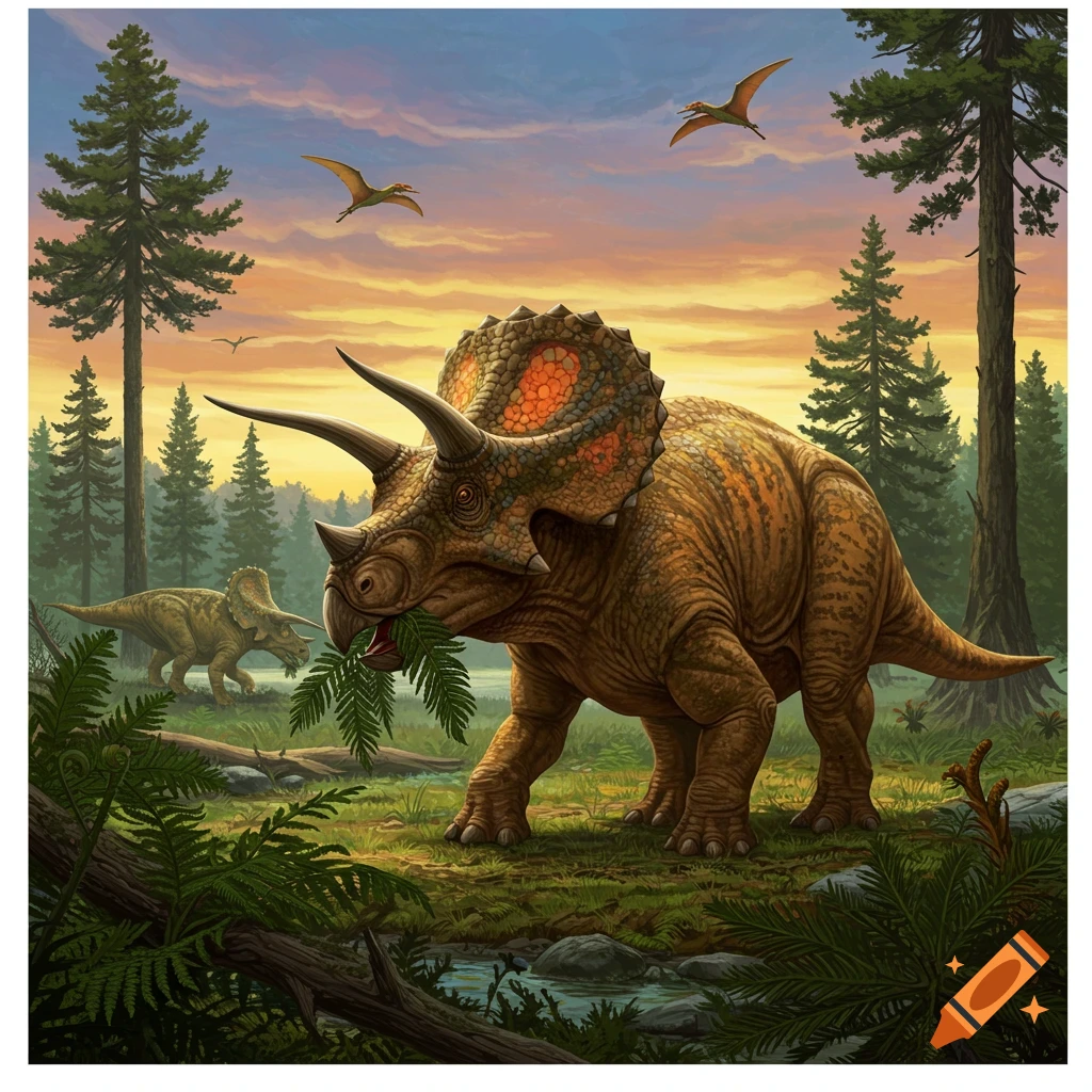 A Triceratops eating leaves in a prehistoric forest at sunset with other dinosaurs and Pterodactyls.