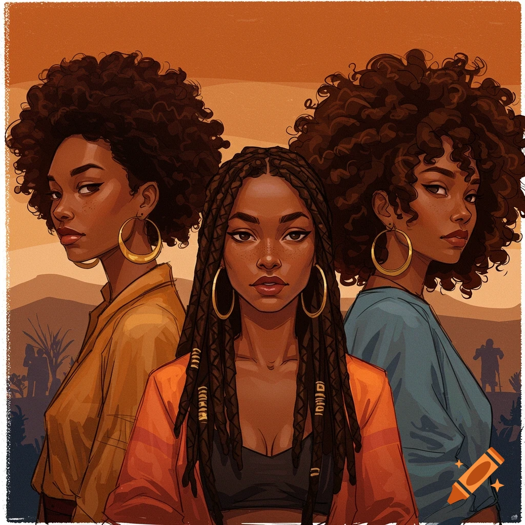 Three African American women with diverse hairstyles and hoop earrings against a landscape background.