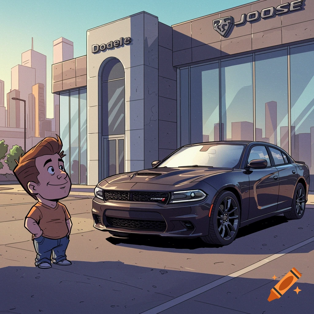 Cartoon boy looks at a black Dodge Charger outside a dealership in a city.