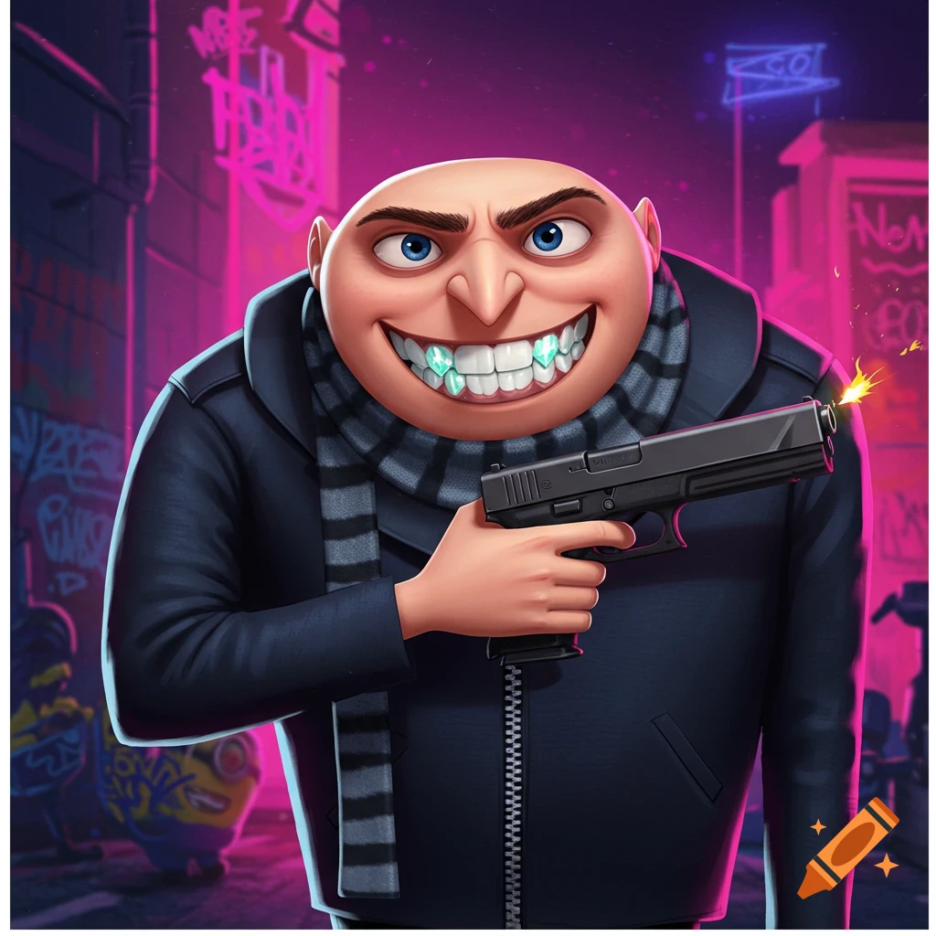 A character resembling Gru with diamond teeth, wearing a coat and scarf, holding a gun with a muzzle flash in a neon-lit street scene.