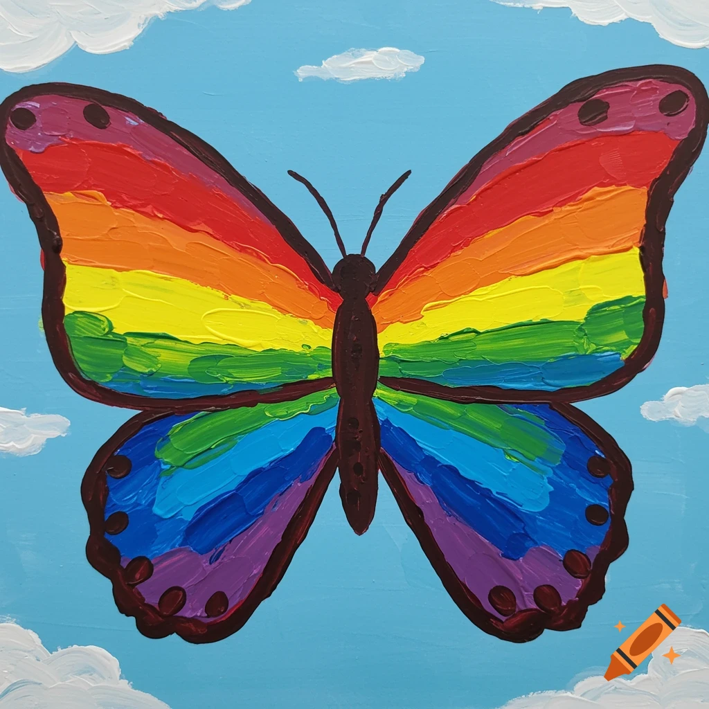 A rainbow butterfly painted in a children's art style against a blue sky with clouds.