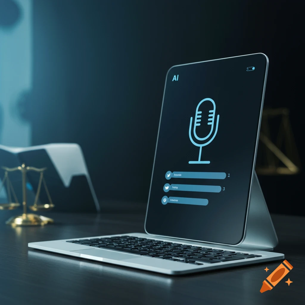 A laptop displaying an AI voice interface icon and text next to scales of justice and a book on a desk.