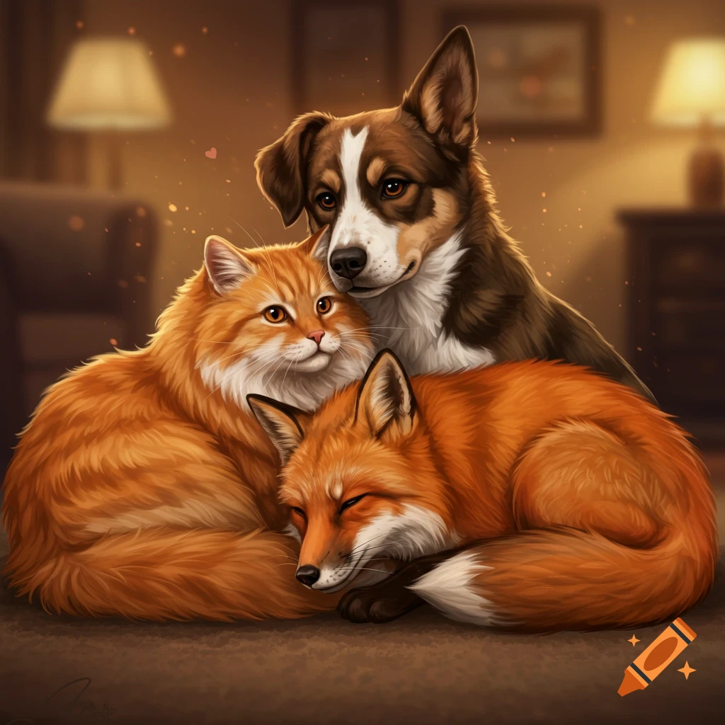 A ginger cat, a dog, and a fox cuddling together in a warm room.