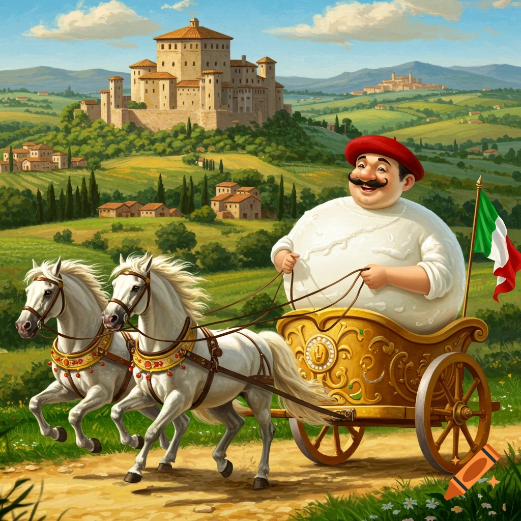 Large man in a chariot pulled by horses in an Italian landscape with a castle.