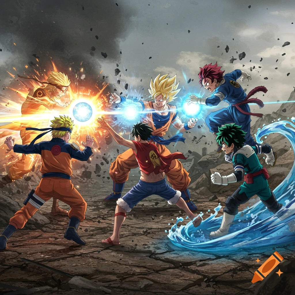 Anime characters Naruto, Luffy, Goku, Tanjiro, and Deku fight using their powers in a dramatic battle.