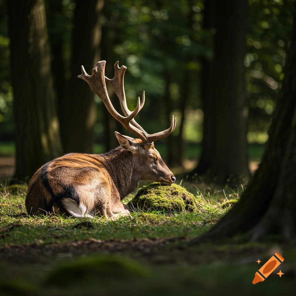 A buck lies down in a sunlit forest clearing.